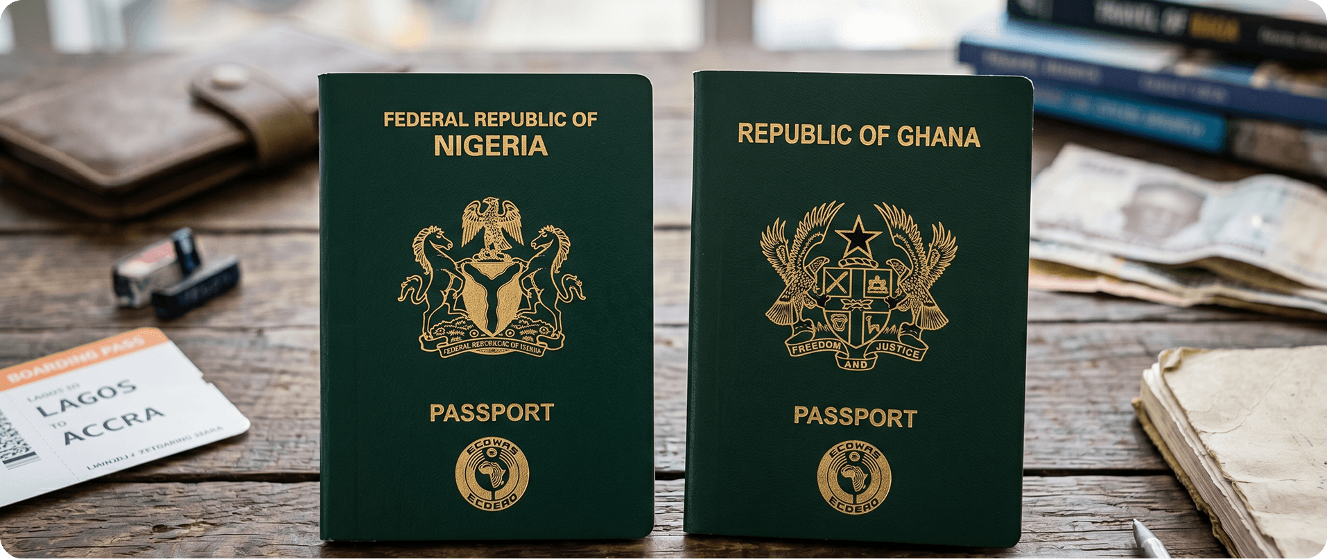 Nigerian and Ghanaian passports with West Africa map